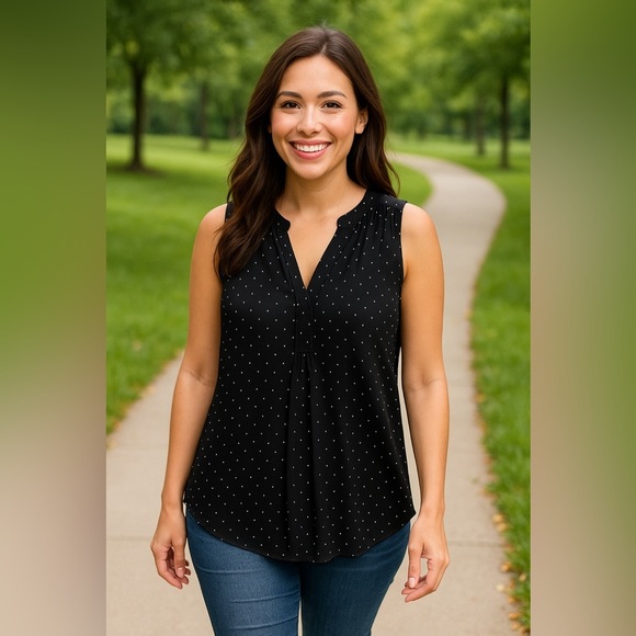 LOFT Plus Mix Media Black Sleeveless Blouse with White Dots, Polka Dots Sz 18 - Picture 2 of 10